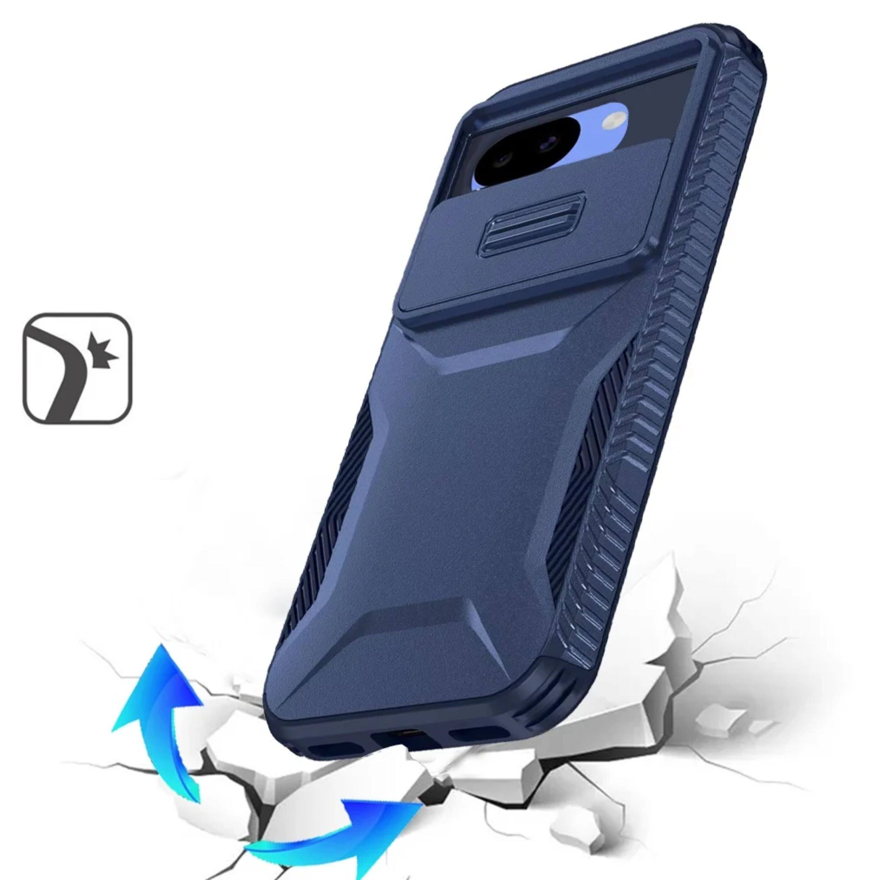 Left. Kitcheniva - Rugged Side Grip Sliding Lens Cover Phone Case With Tempered Glass For Google Pixel 10a Dark Blue - Dark Blue.