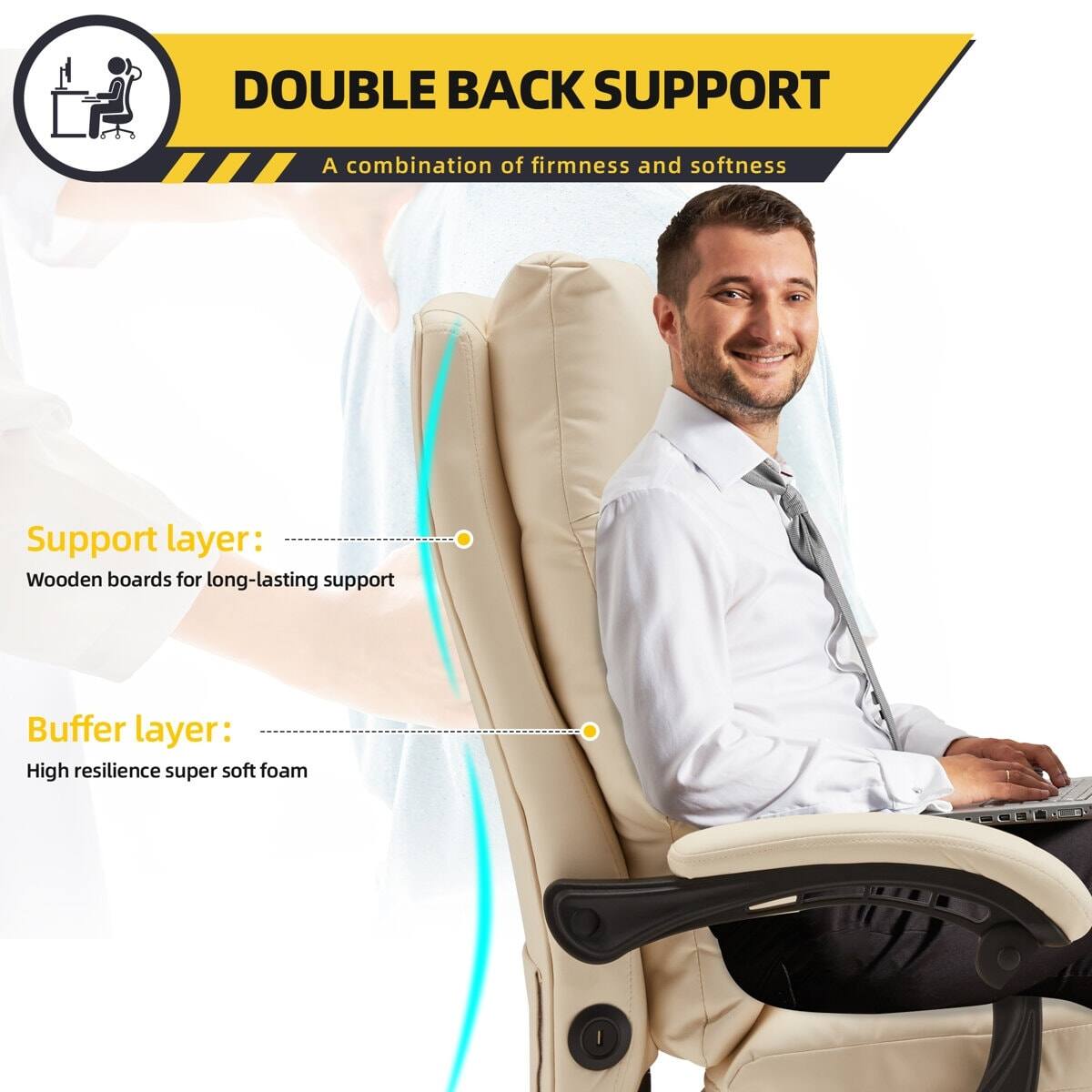 DOUBLE BACK SUPPORT  
A combination of firmness and softness  

Support layer:  
Wooden boards for long-lasting support  

Buffer layer:  
High resilience super soft foam