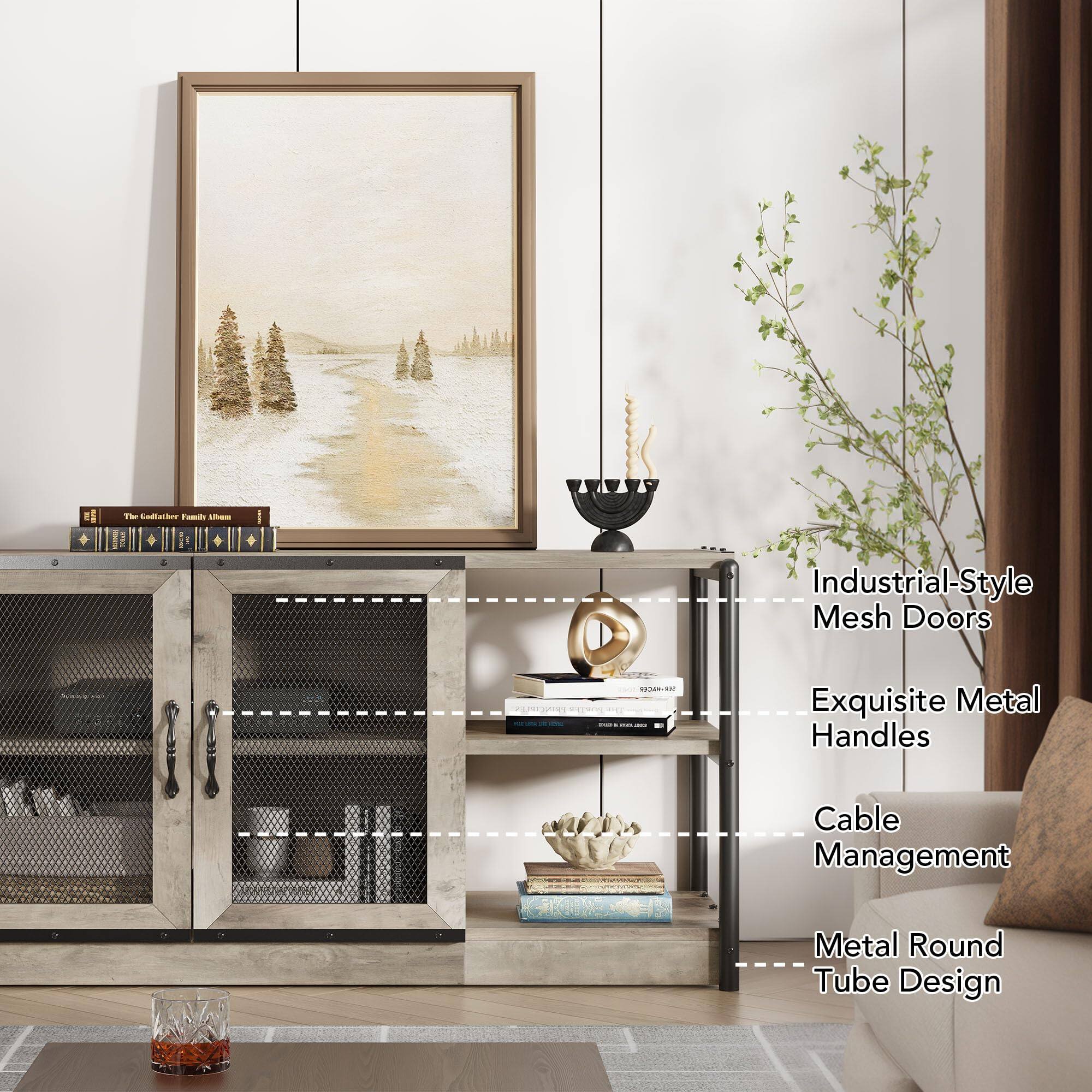 Industrial-Style Mesh Doors  
Exquisite Metal Handles  
Cable Management  
Metal Round Tube Design