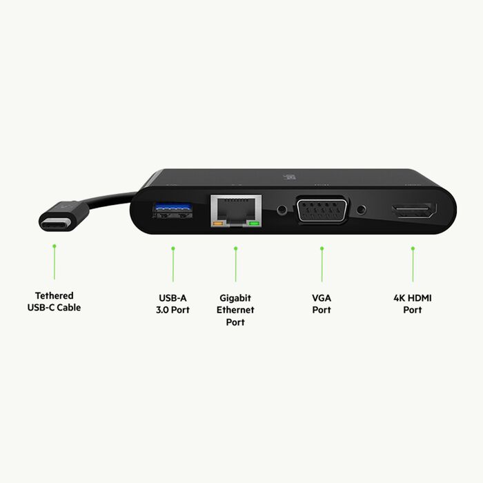 - Tethered USB-C Cable
- USB-A 3.0 Port
- Gigabit Ethernet Port
- VGA Port
- 4K HDMI Port