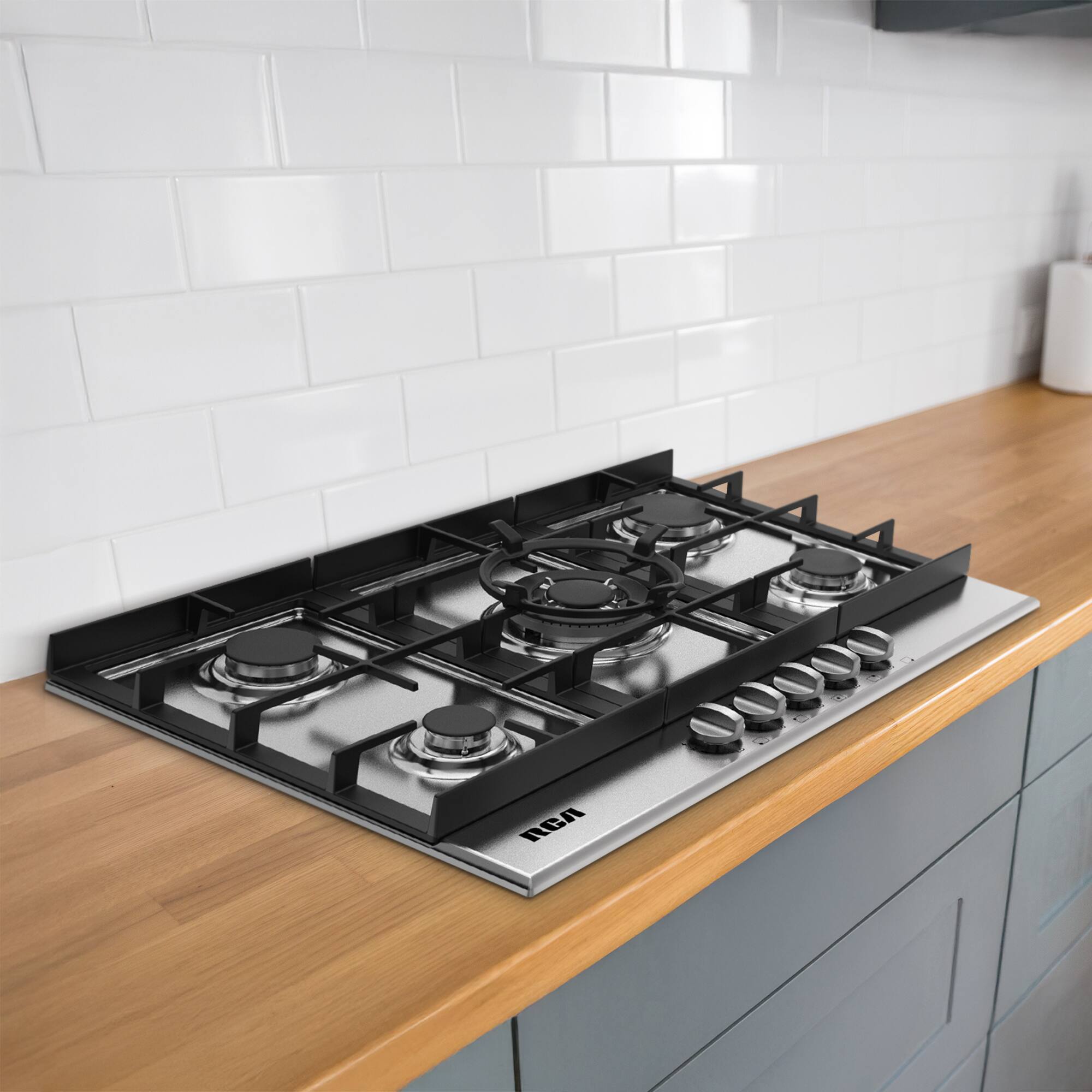 Angle. RCA - R-CTGC305SS 30 in. Century Collection Drop-In Gas Cooktop, 5 Burners, Cast Iron Grates, Metal Knobs in Stainless Steel - Stainless Steel.