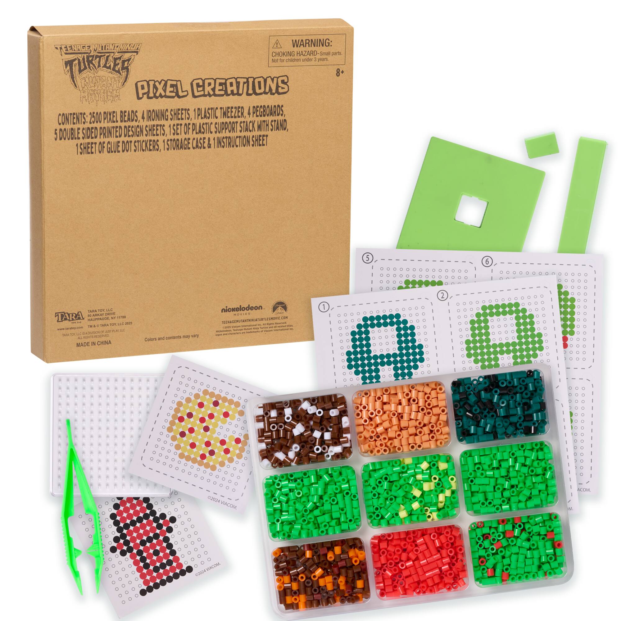 Turtle Creations Pixel Beads 8+ Warning: Choking Hazard - Small Parts. No 1 at a Time. Turtle Creations 2500 Design Sheets, 1 Plastic Zipper, 1 Pegboard, 1 Storage Case & Instruction Sheet. 1 Sheet of Glue. Made in China.