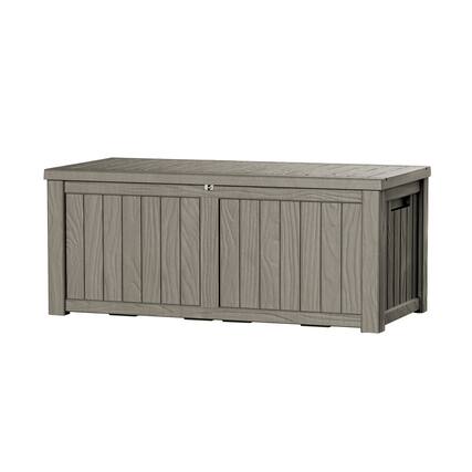 Front. Decksplore - 120 gal. Light Brown Resin Storage Deck Box for Outdoor Indoor.