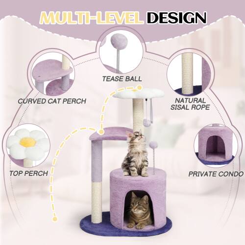 MULTI-LEVEL DESIGN  
TEASE BALL  
CURVED CAT PERCH  
NATURAL SISAL ROPE  
TOP PERCH  
PRIVATE CONDO