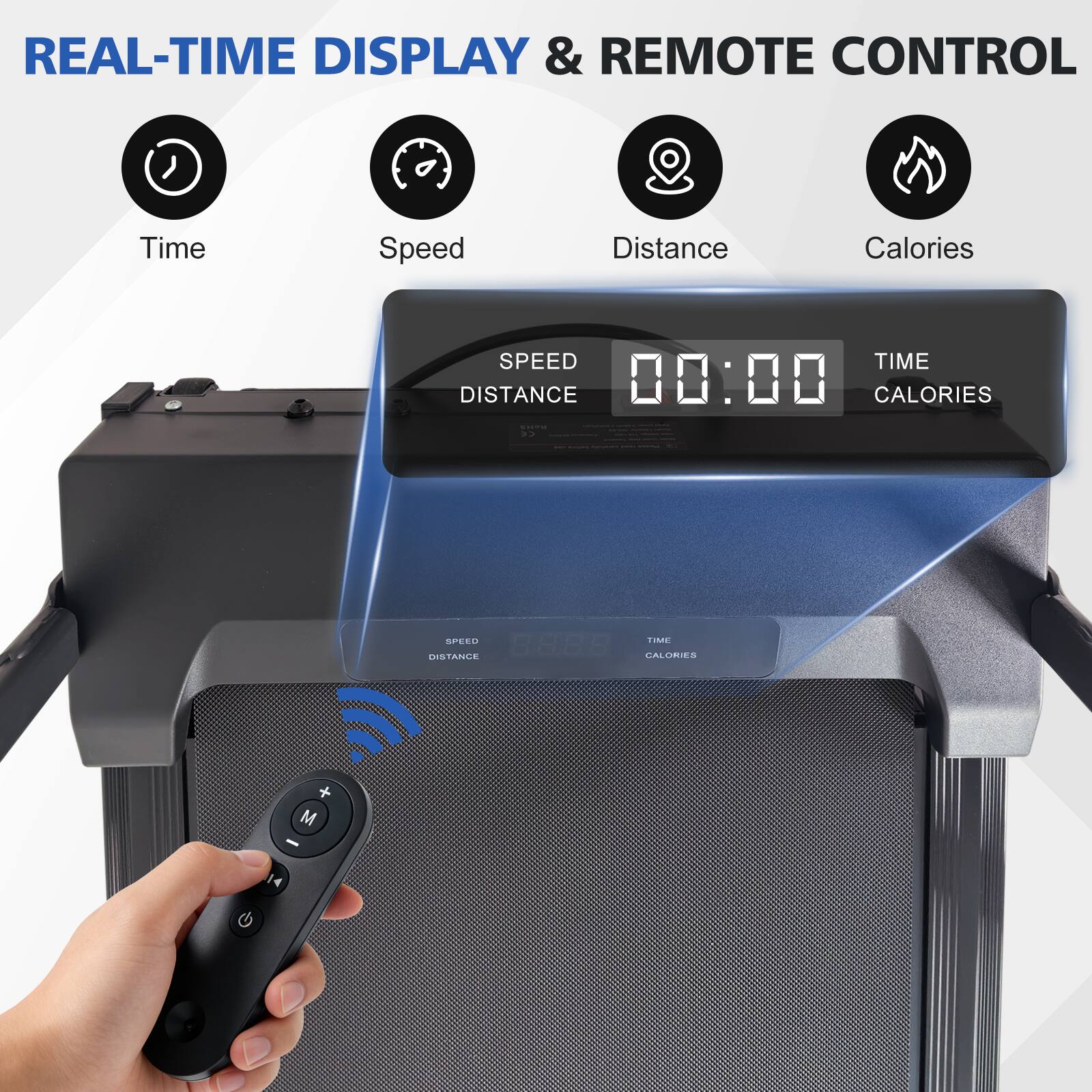 REAL-TIME DISPLAY & REMOTE CONTROL

- Time
- Speed
- Distance
- Calories

SPEED | DISTANCE
TIME | CALORIES

00:00

SPEED
DISTANCE

TIME
CALORIES