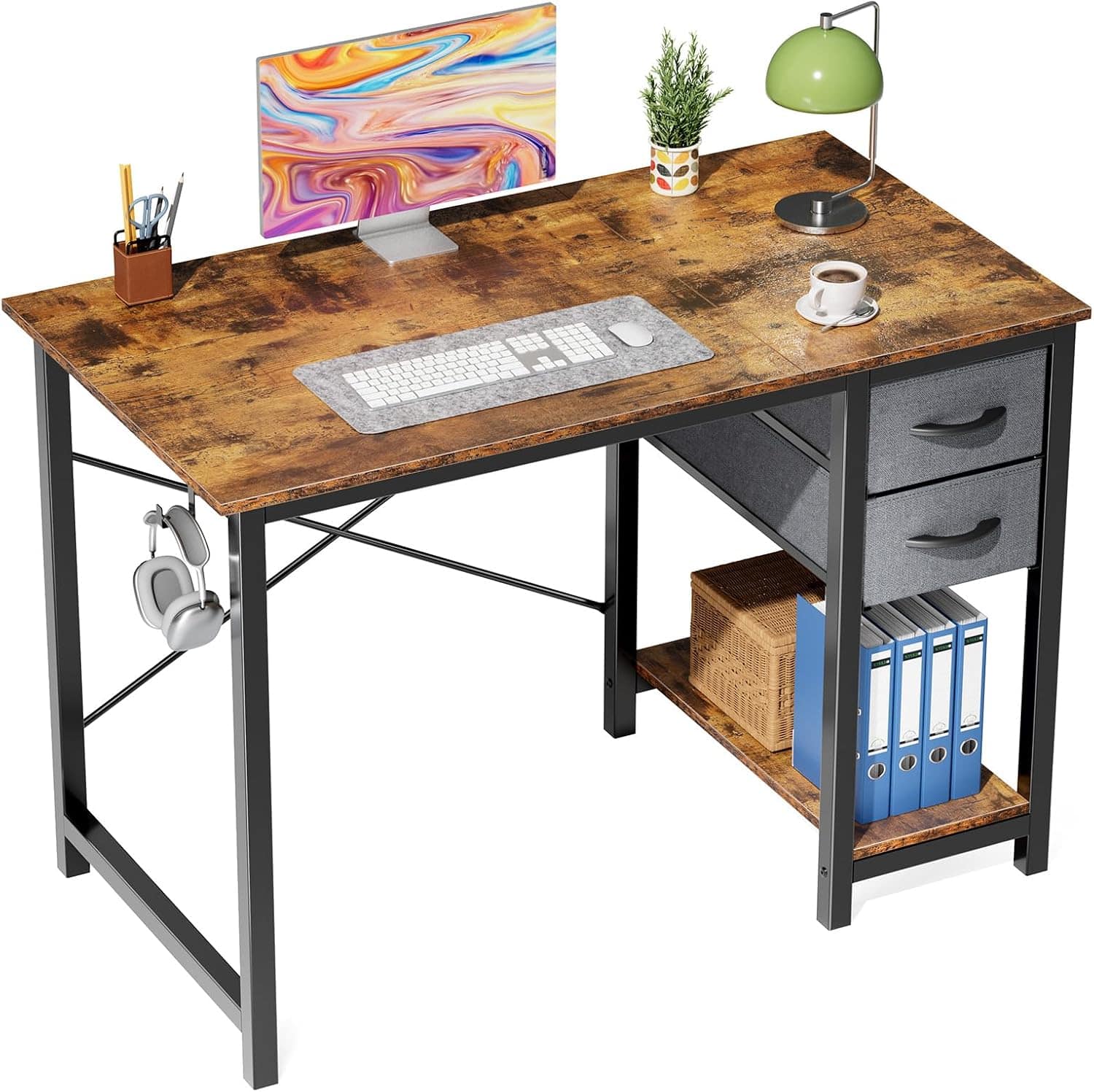 Sweet - 40 Inch Computer Desk with Drawers, Side Hook, Writing Desk for Bedroom Home Office, Rust - Brown