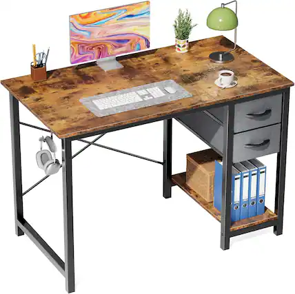 Front. Sweet - 40 Inch Computer Desk with Drawers, Side Hook, Writing Desk for Bedroom Home Office, Rust - Brown.