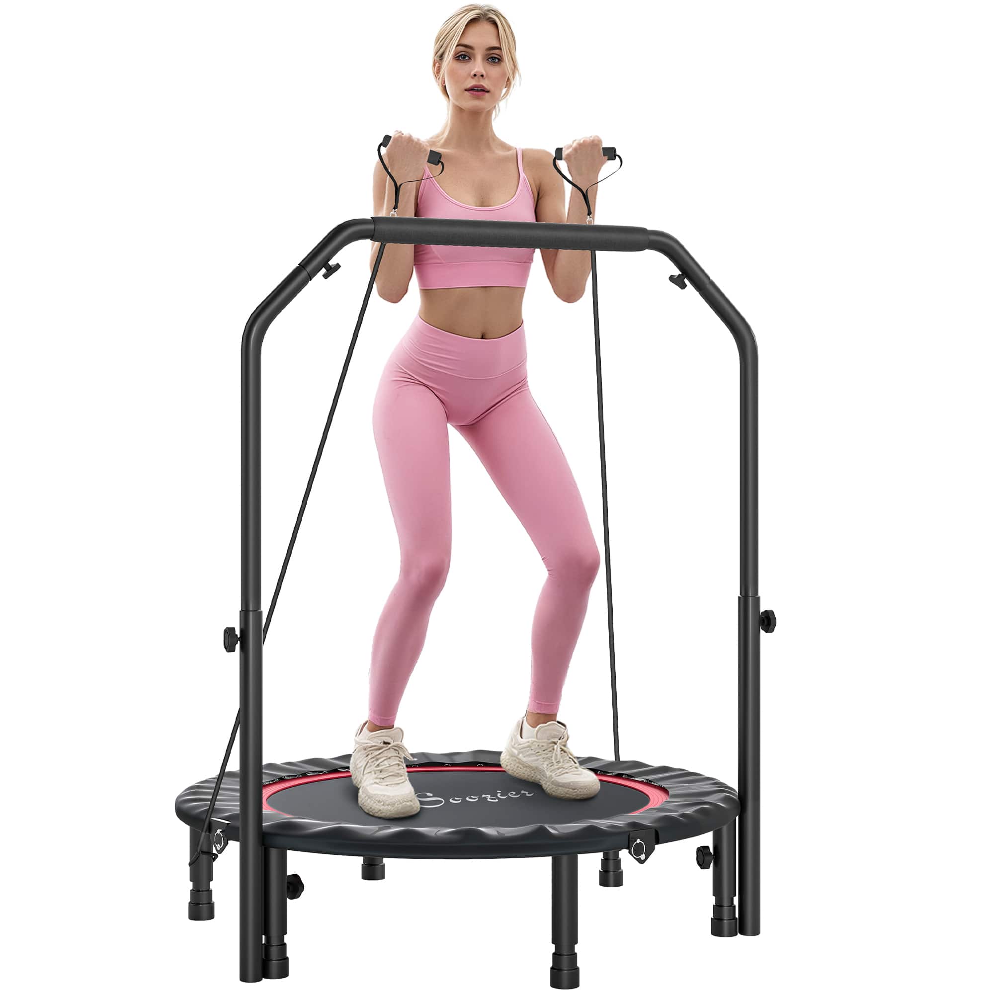 Soozier - 40" Foldable Mini Trampoline, Rebounder Trampoline for Adults with Adjustable Foam Handle and Resistance Bands - Red