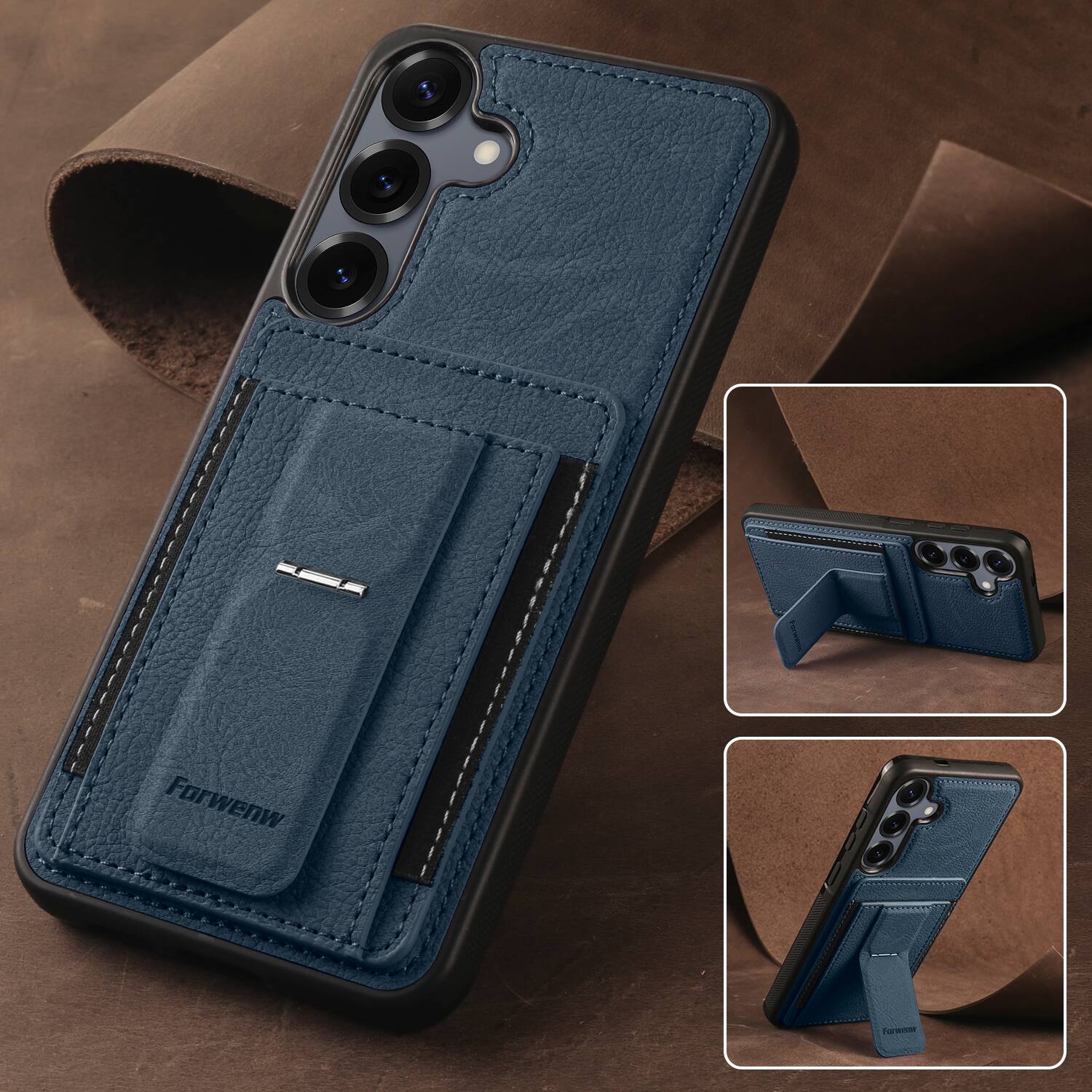 Alt View 3. Dteck - Slim Card Holder Case for Samsung Galaxy S25, Shockproof Wallet Protective Cover with Kickstand - Blue.