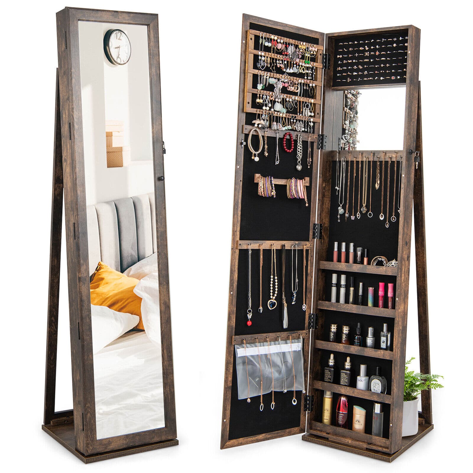 Ecooso - Standing Lockable Jewelry Storage Organizer with Full-Length Mirror and Cabinet Design