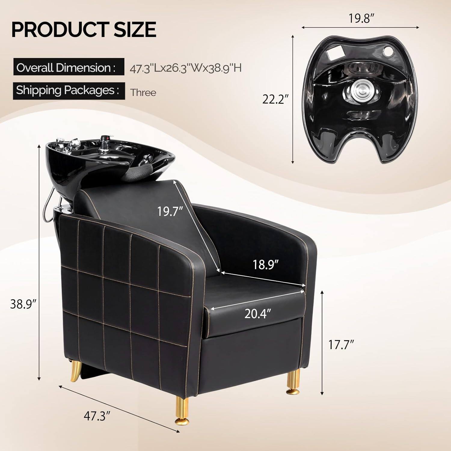 PRODUCT SIZE  
Overall Dimension: 47.3"Lx26.3"Wx38.9"H  
Shipping Packages: Three  

- 19.8"  
- 22.2"  
- 19.7"  
- 18.9"  
- 38.9"  
- 20.4"  
- 17.7"  
- 47.3"