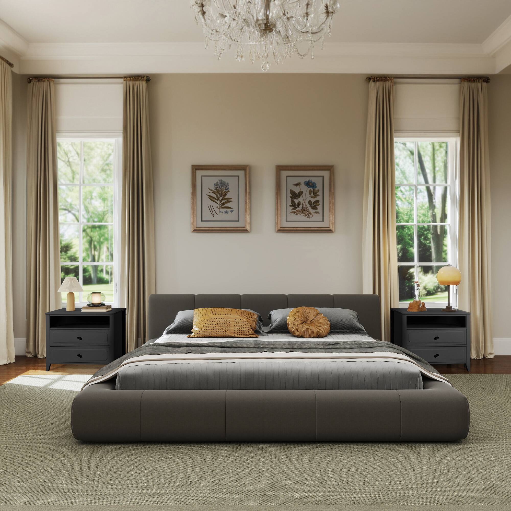 Alt View 6. U-HOMY - Modern 2-Drawer Nightstand with Open Shelf, Wide Bedside Table with Solid Wood Legs for Bedroom Storage - Black.