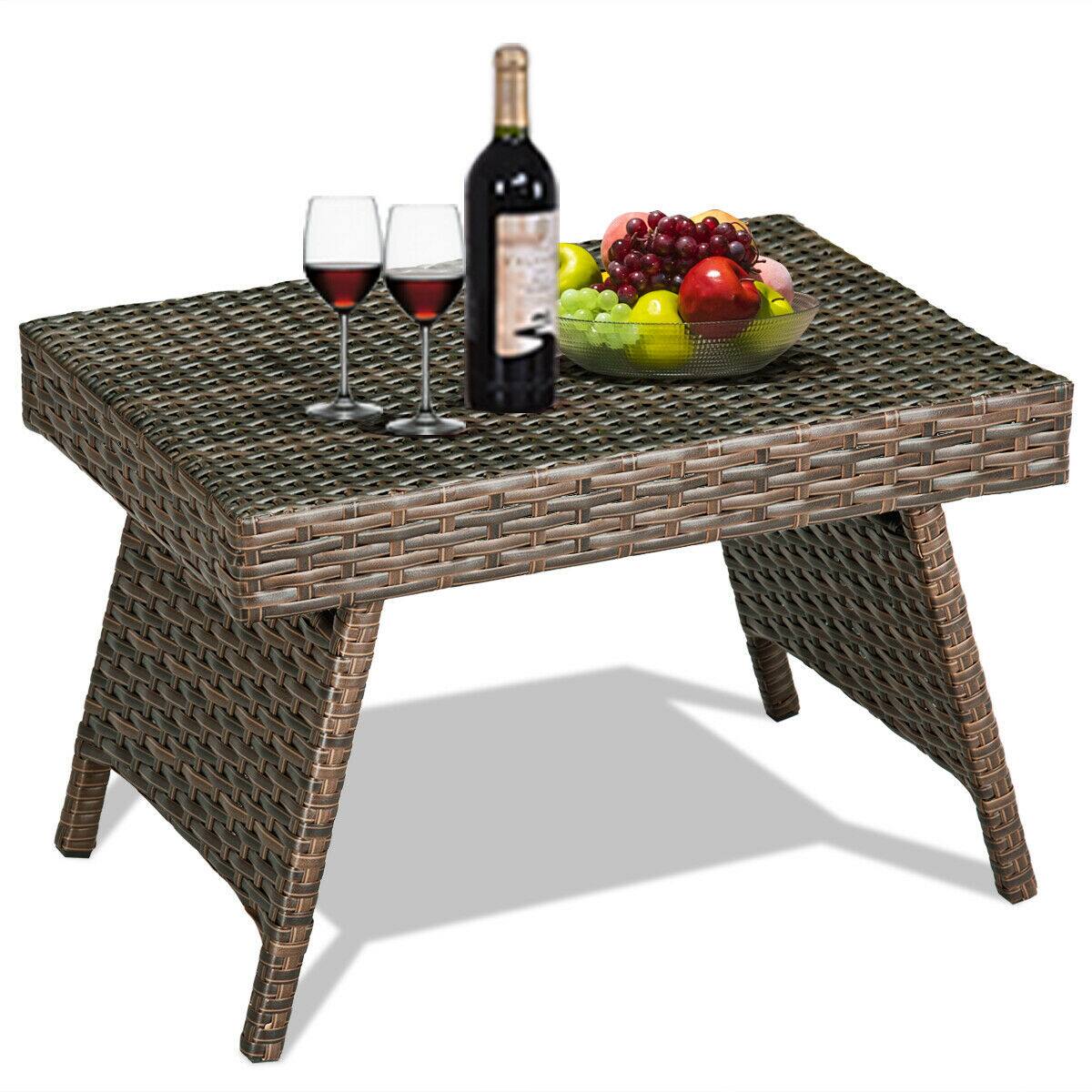 Costway - Patio Folding Wicker Side Coffee Table Poolside Garden Lawn Bistro Furniture - Mix Brown