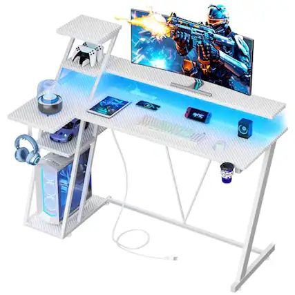 Front. Hirose Alice - Gaming Desk With Led Lights & Power Outlet Small Computer Storage Shelves L Shaped Gamer Workstations Monitor - Carbon Fiber White-47 Inches.