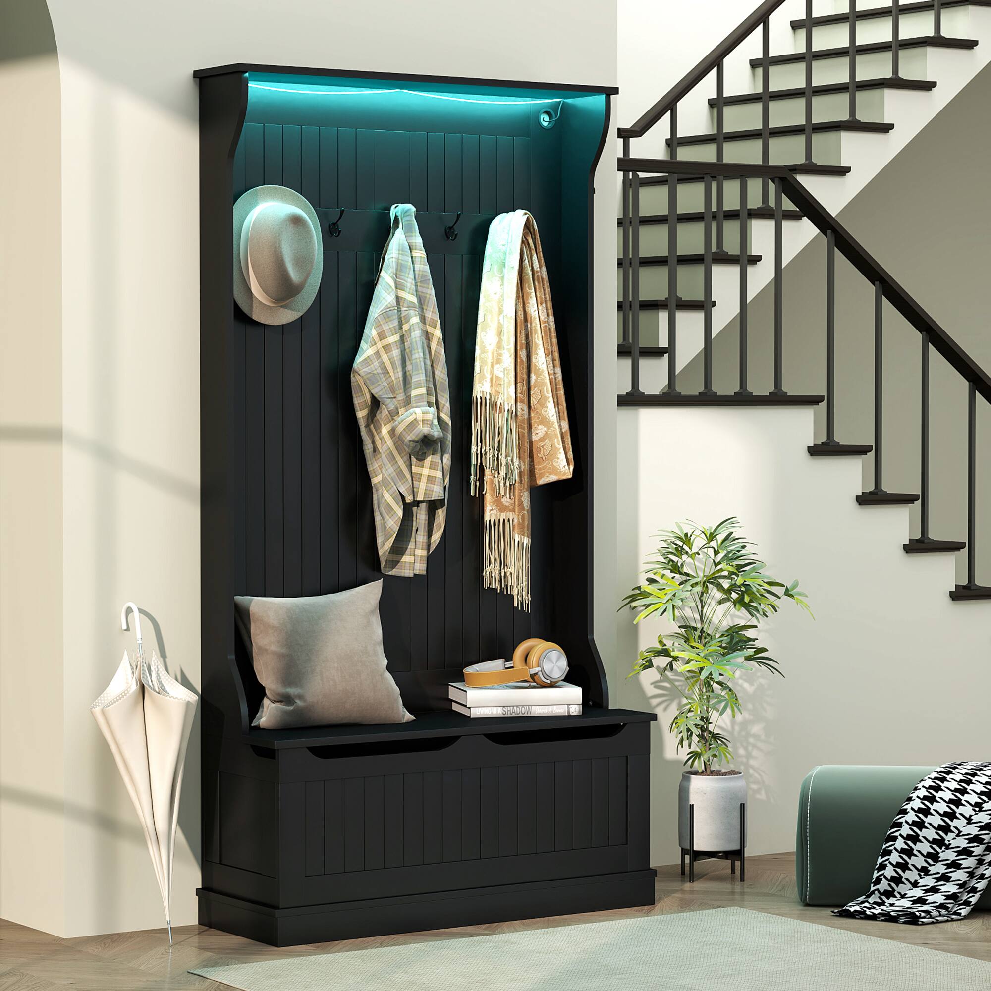 Alt View 1. Homcom - 3-In-1 Hall Tree with LED Lights and Shoe Storage, Standing Coat Rack with Shoe Bench, Entryway Furniture - Black.