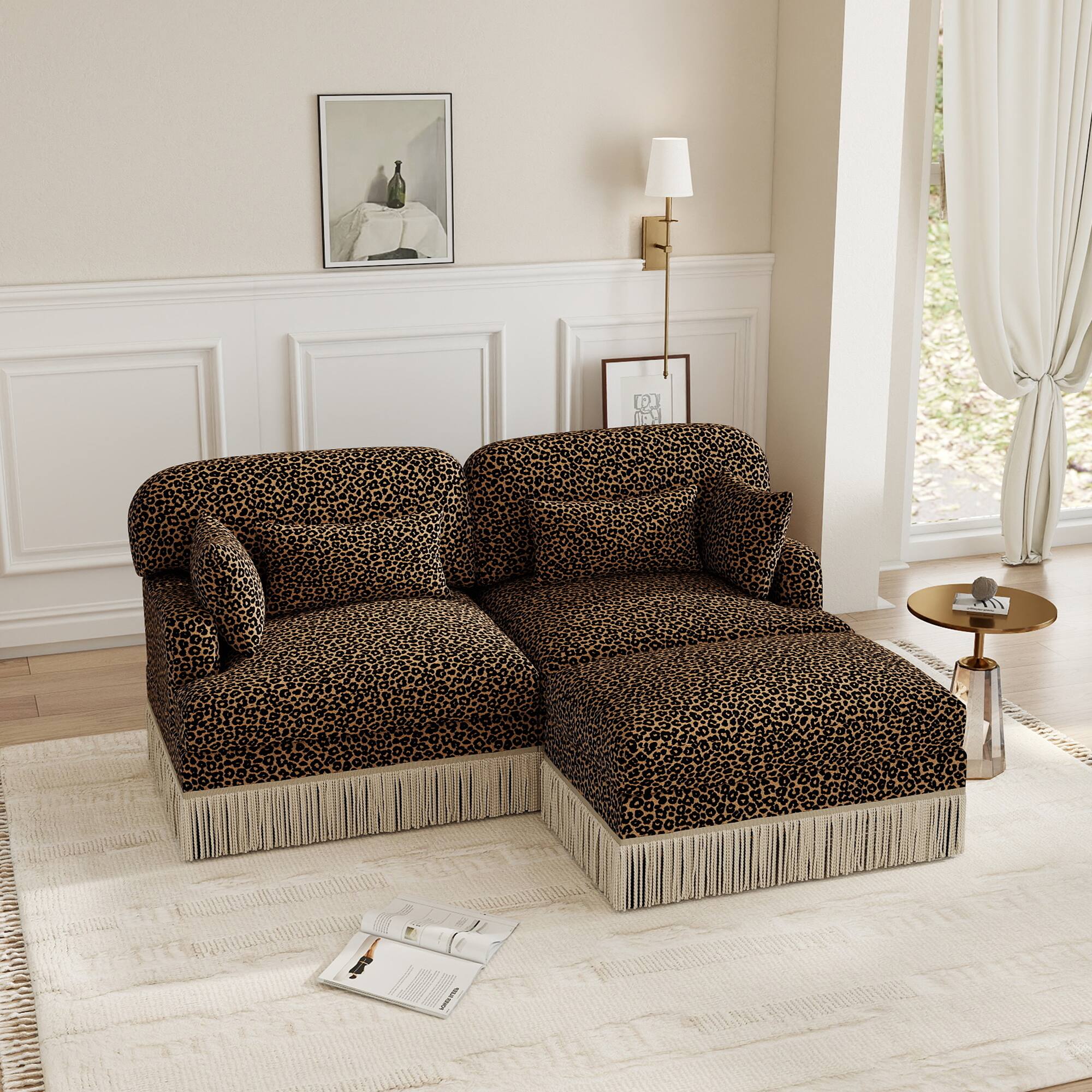Angle. Anysun - Delicate Fashion Style Chenille Leopard Printing L-Shape Sofa with Movable Ottoman, Easy Assembly - Brown.