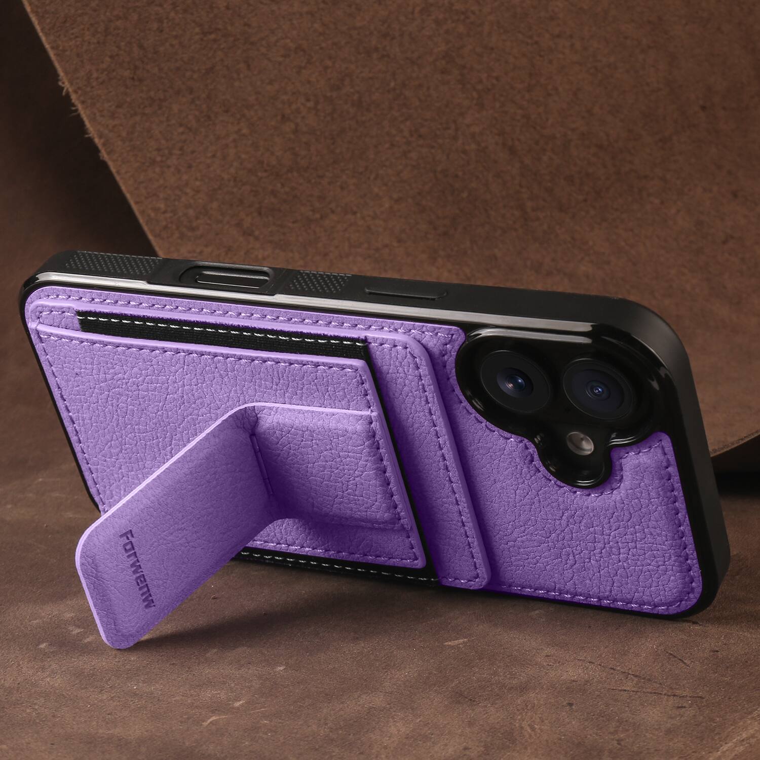 Back. Dteck - Slim Card Holder Case for Apple iPhone 17, Shockproof Wallet Protective Cover with Kickstand - Purple.