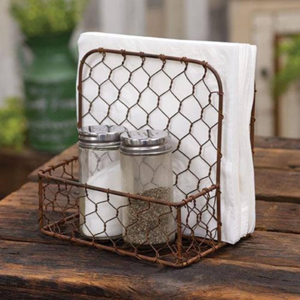Left. BreeBe - Rusty Metal Chicken Wire Napkin Holder - Red.
