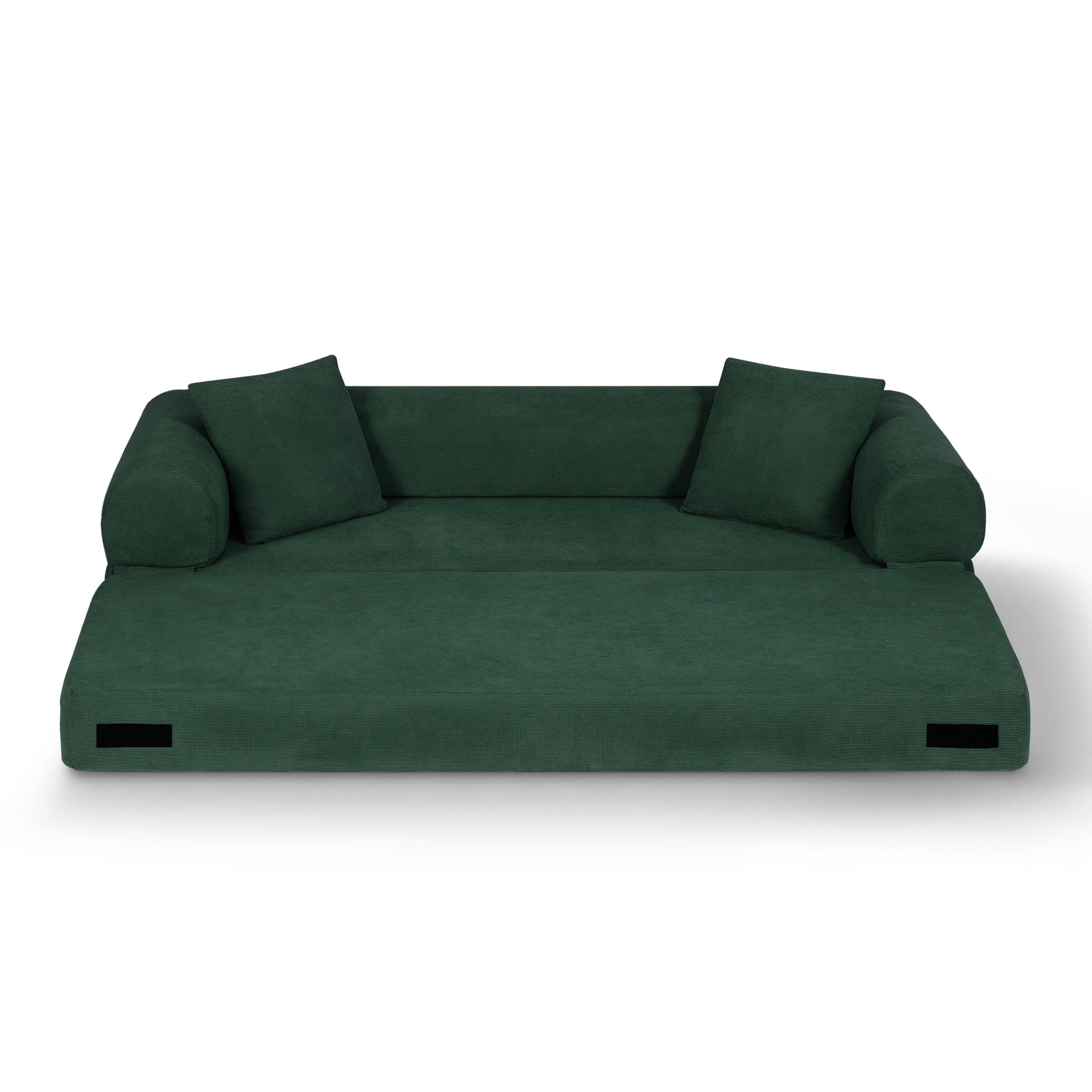 Left. Loheer - Loheer 80 Inch Convertible Sofa Bed Queen Folding Sleeper Sofa Corduroy Fold Out Couch with Storage - Dark Green.