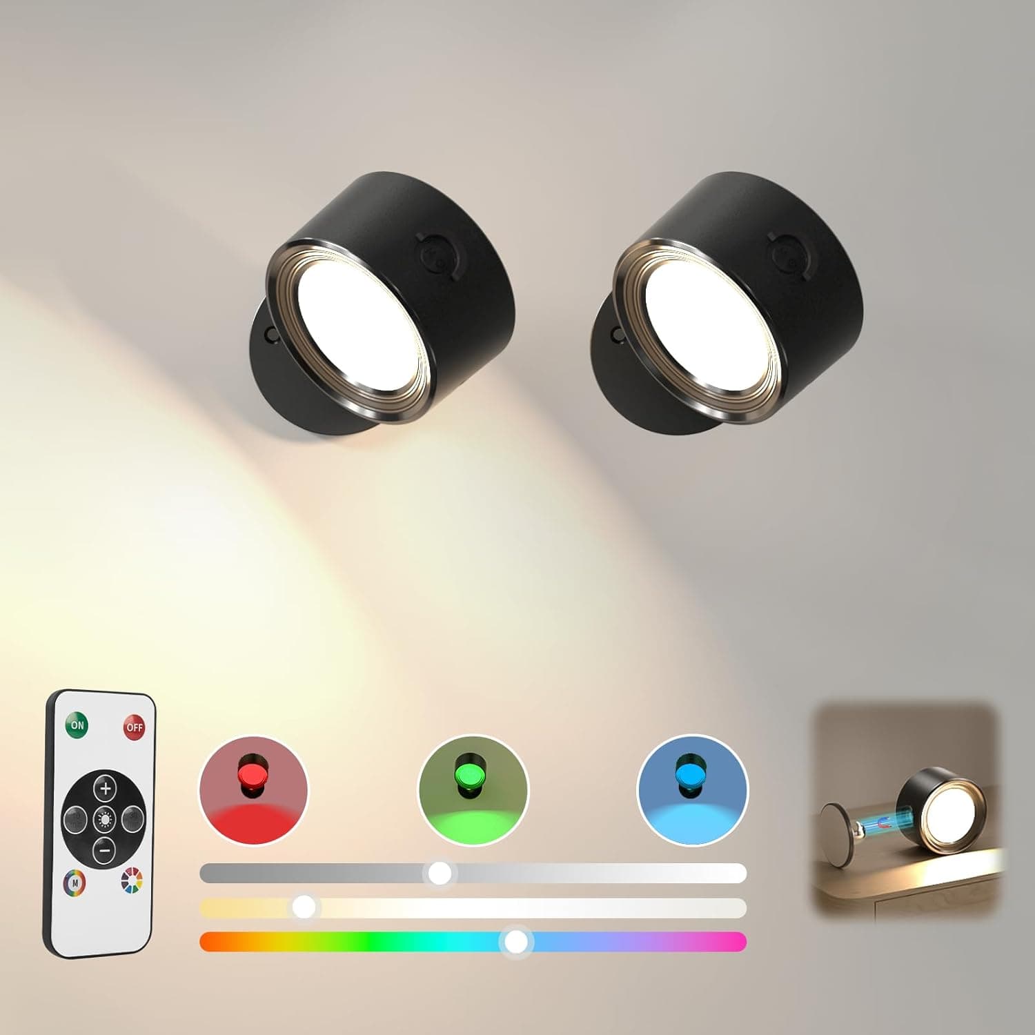 Front. FINEAK - 2Pcs RGB LED Wall Sconces Rechargeable Magnetic with Remote.