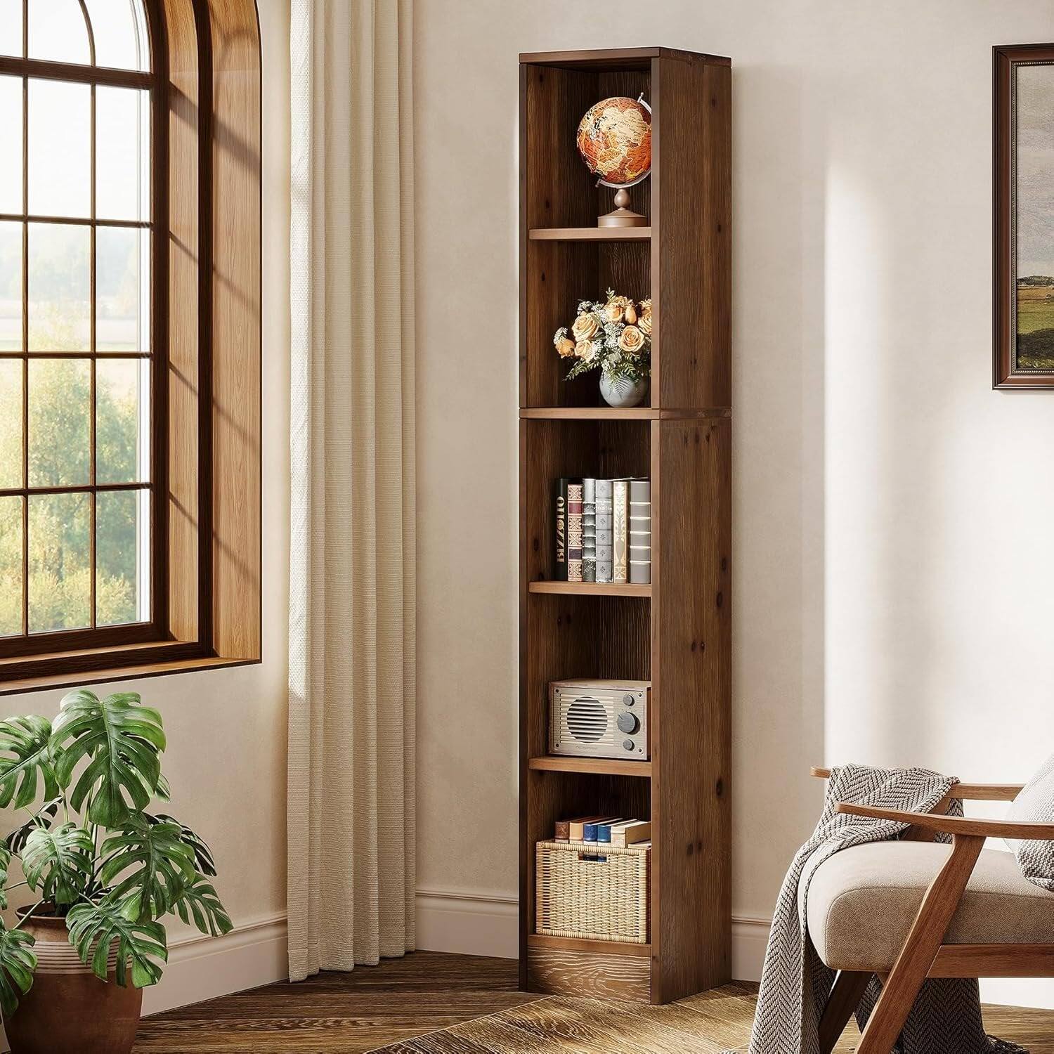 Angle. Tribesigns - Corner Bookshelf with Solid Wood Construction and Book and Decor Display for Home Office and Bedroom - Brown.