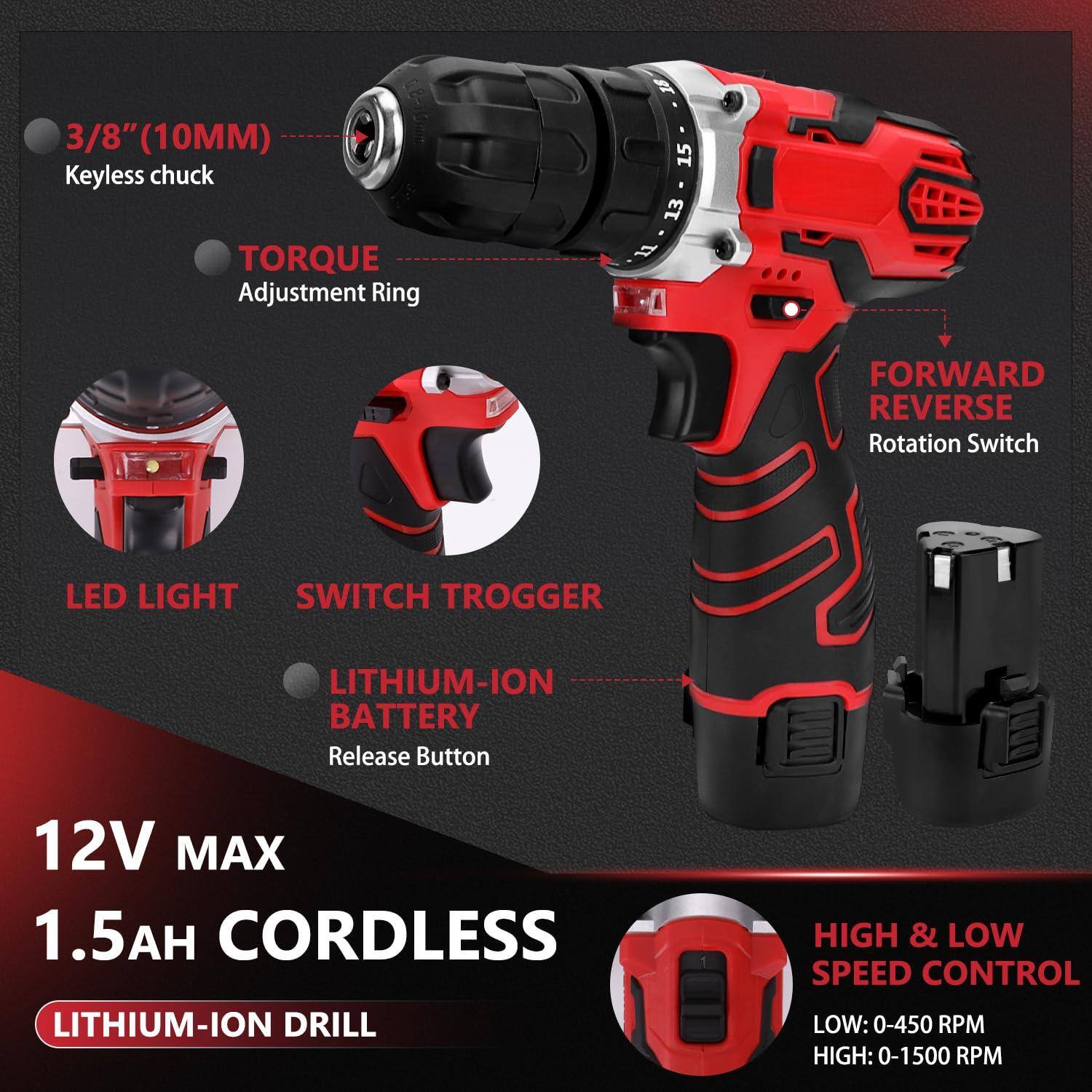 - 3/8" (10MM) Keyless chuck
- TORQUE Adjustment Ring
- FORWARD REVERSE Rotation Switch
- LED LIGHT
- SWITCH TROGER
- LITHIUM-ION BATTERY Release Button
- 12V MAX 1.5AH CORDLESS LITHIUM-ION DRILL
- HIGH & LOW SPEED CONTROL
  - LOW: 0-450 RPM
  - HIGH: 0-1500 RPM