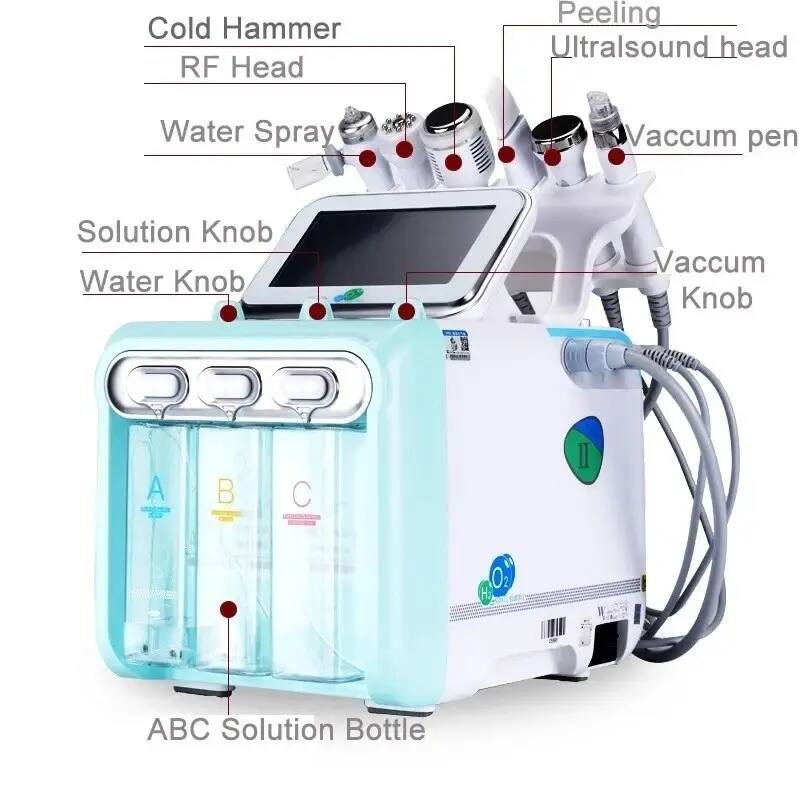 Cold Hammer  
RF Head  
Peeling  
Ultrasound head  
Water Spray  
Vacuum pen  
Solution Knob  
Water Knob  
Vacuum Knob  
ABC Solution Bottle