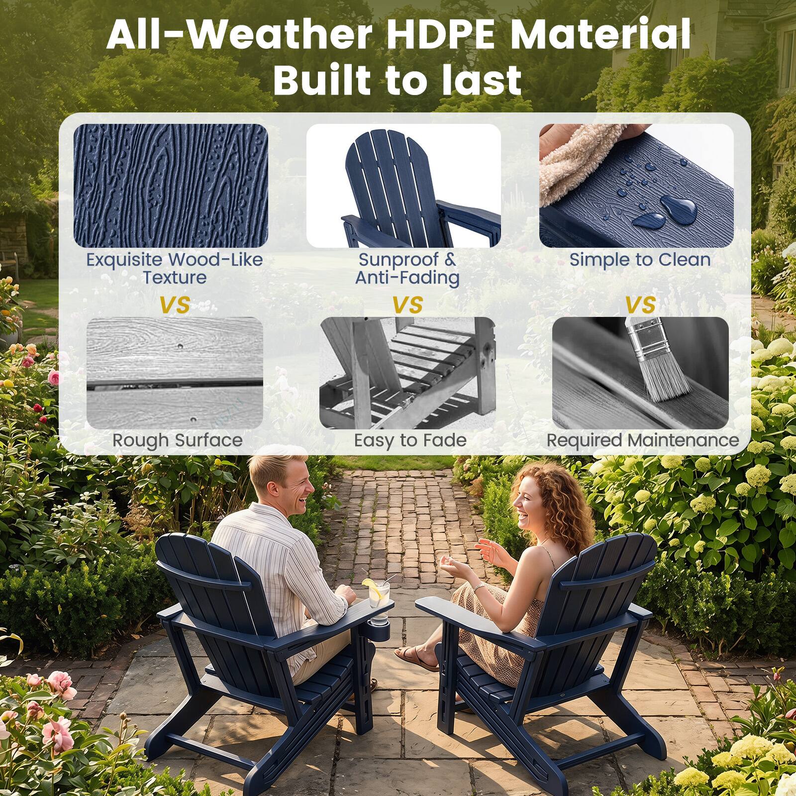 All-Weather HDPE Material Built to last

Exquisite Wood-Like Texture VS Rough Surface

Sunproof & Anti-Fading VS Easy to Fade

Simple to Clean VS Required Maintenance