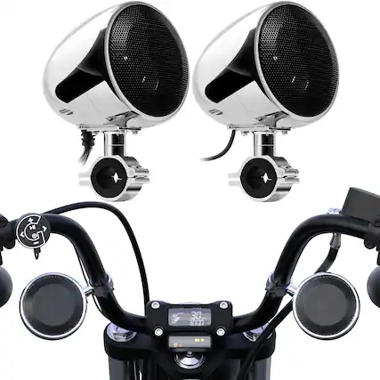 Front. GoHawk - Bluetooth Motorcycle Speakers, 4" Waterproof Stereo Stereo Audio System w/ Built-in Amp, USB for Harley ATV - Chrome.
