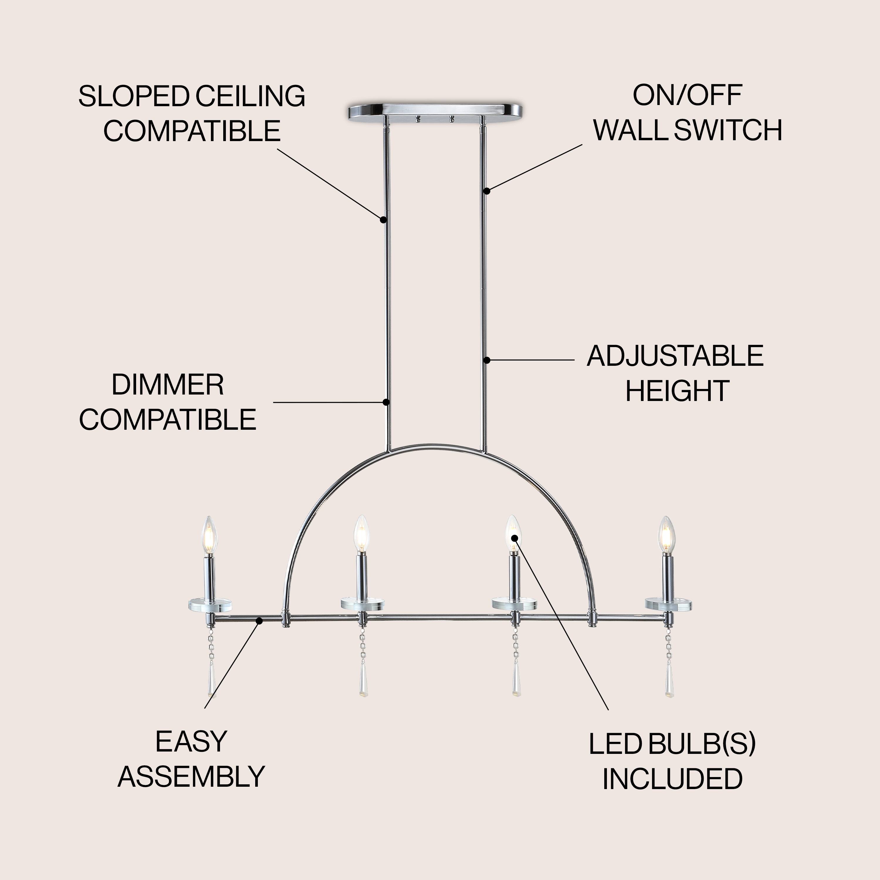 SLOPED CEILING COMPATIBLE  
ON/OFF WALL SWITCH  
DIMMER COMPATIBLE  
ADJUSTABLE HEIGHT  
EASY ASSEMBLY  
LED BULB(S) INCLUDED