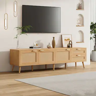 Front. Z-Edge - TV Stand for TVs up to 80'', Entertainment Center With 3 Rattan Doors & 2 Drawers, Boho Media Console for Living Room - Natural.