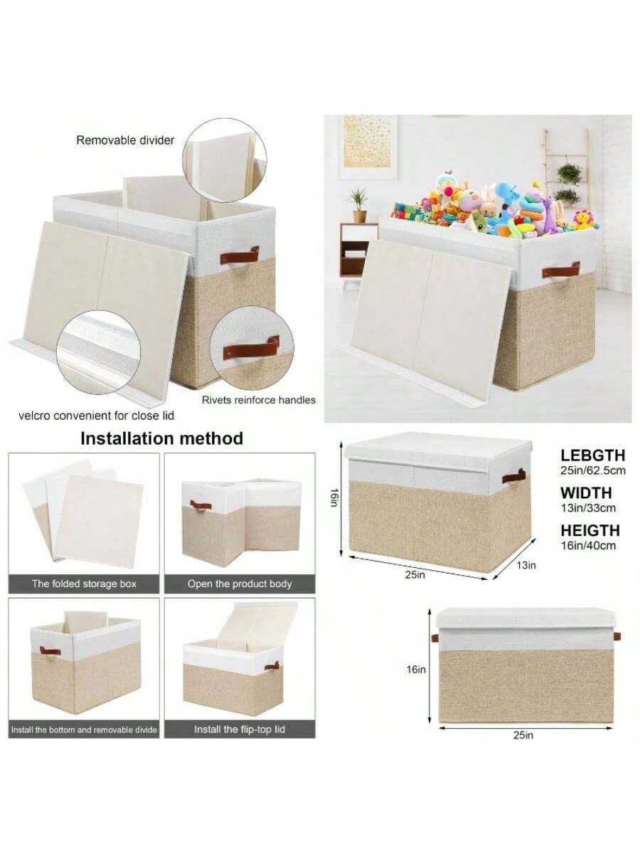 Removable divider  
Rivets reinforce handles  
velcro convenient for close lid  

Installation method  

The folded storage box  
Open the product body  
Install the bottom and removable divide  
Install the flip-top lid  

LEBGTH 25in/62.5cm  
WIDTH 13in/33cm  
HEIGHT 16in/40cm