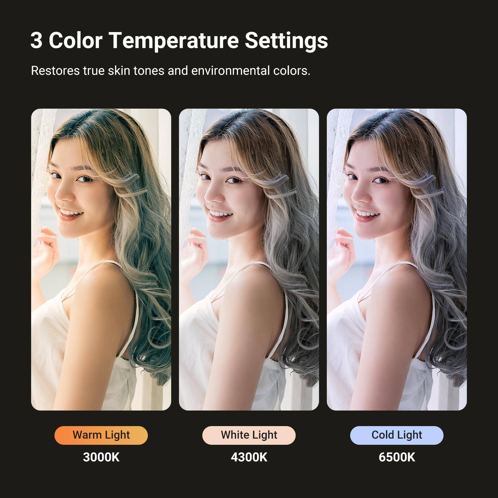 3 Color Temperature Settings  
Restores true skin tones and environmental colors.  

Warm Light  
3000K  

White Light  
4300K  

Cold Light  
6500K