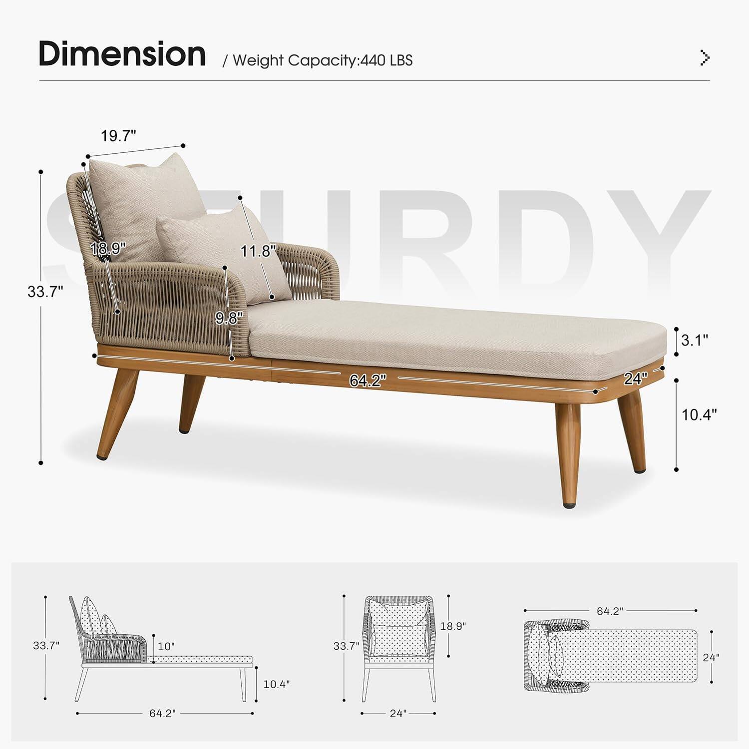 Dimension / Weight Capacity: 440 LBS

19.7" 33.7" 18.9" 11.8" 9.8" 3.1" 64.2" 24" 10.4" 18.9" 64.2" 33.7" 10" 33.7" 24" 10.4" 64.2" 24"