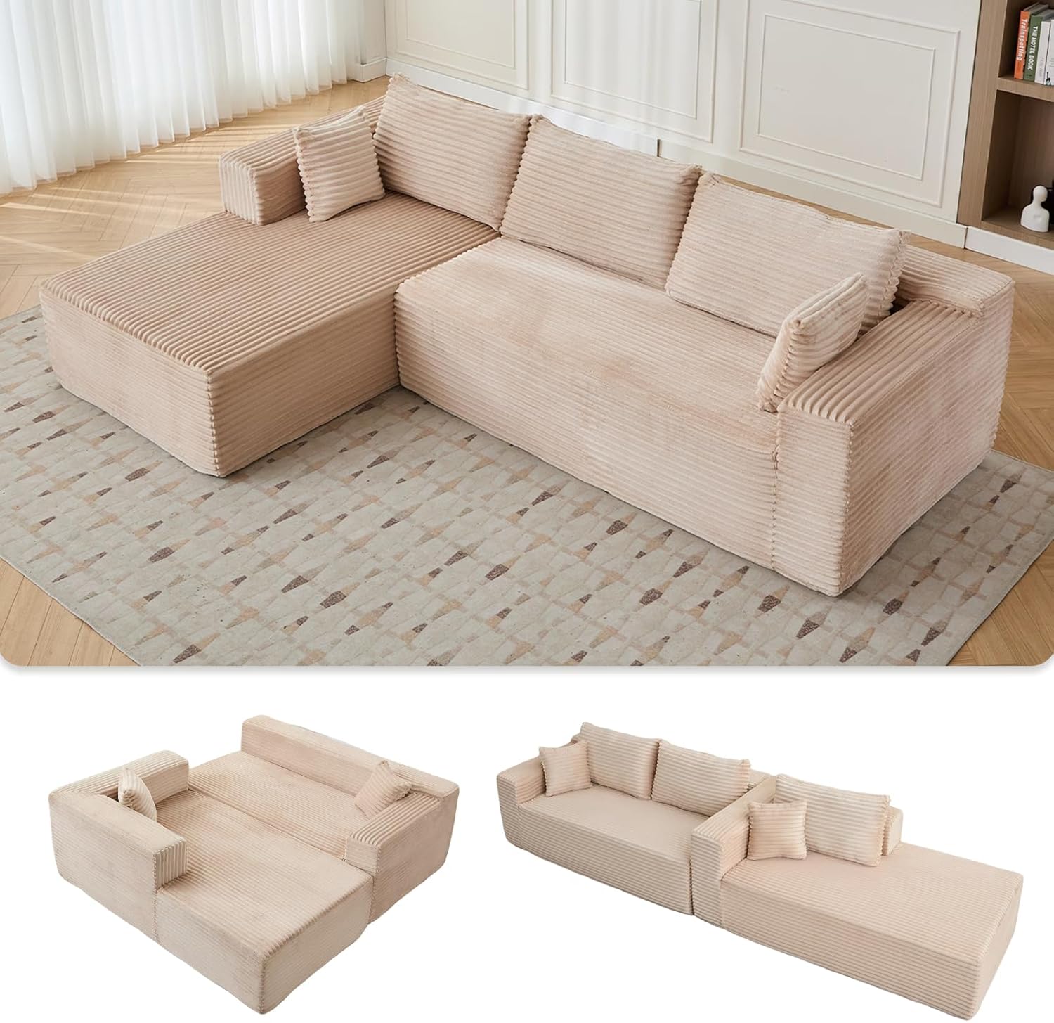 Alt View 2. Trinkets Crazed - 110" Cloud Sectional Couch Compression sofa with Comfy L-Shaped Chaise - beige.