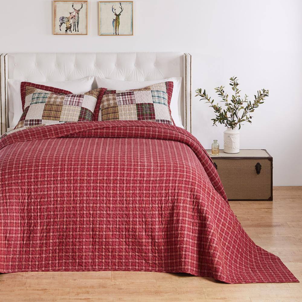 Alt View 2. Greenland Home Fashions - Greenland Home Fashions Oxford Plaid Jumbo-Sized for Floor-Length Coverage Bedspread Set King/California King Red - Red.
