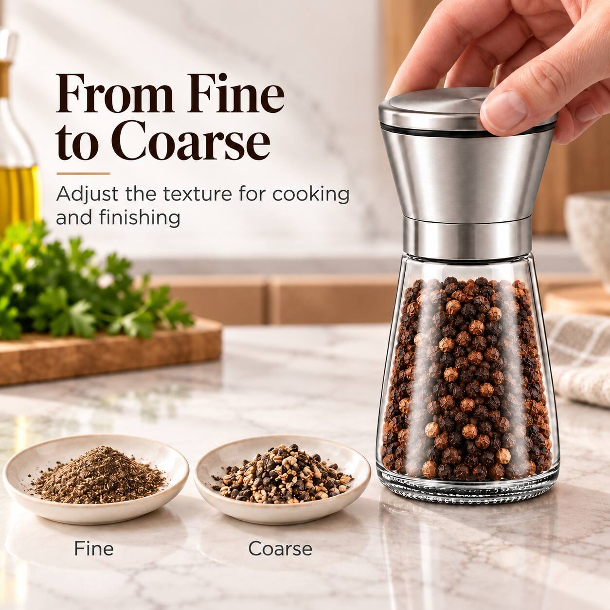 From Fine to Coarse  
Adjust the texture for cooking and finishing  

Fine  
Coarse