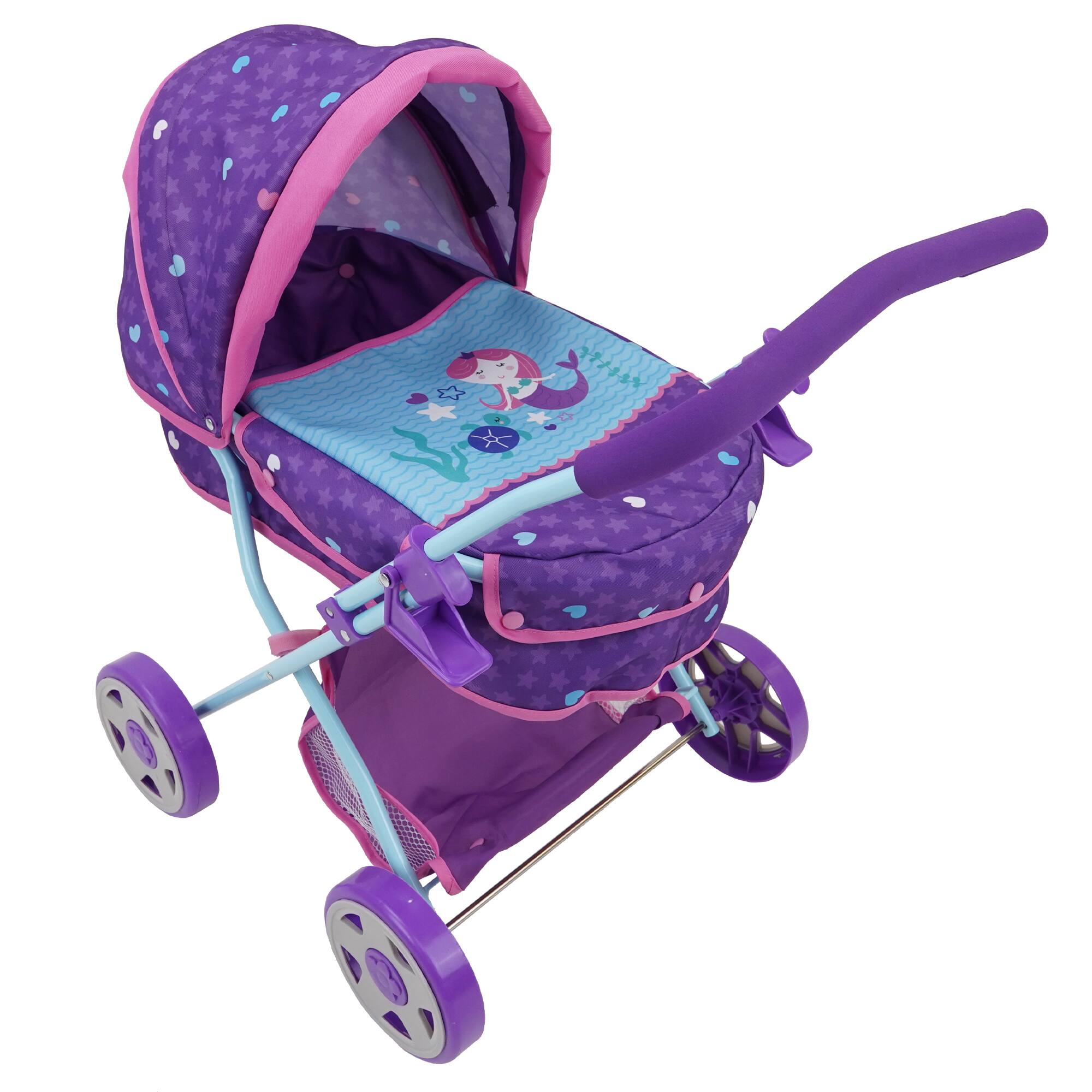 Left. 509 Crew - Mermaid Doll Pram W/ Large Canopy, Shopping Basket & Removable Carry Cot Bed.