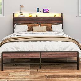 Homcom - Queen Bed Frame with Headboard, Platform Bed Frame with LED Lights, Charging Station, 3-Tier Storage Shelf, Steel Slats - Walnut