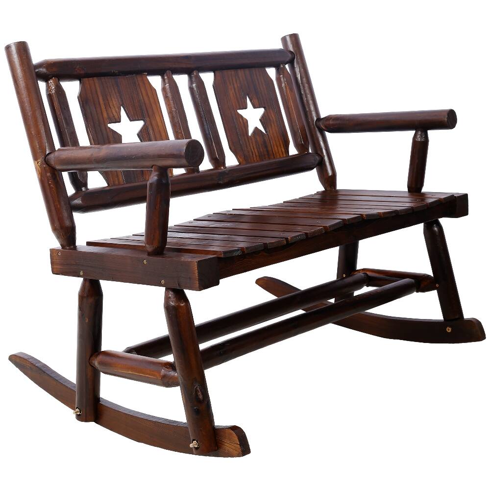 Alt View 3. Loheer - Loheer Outdoor Wood Rocking Bench, Carbonized Double Rocking Chair, Rustic Brown Porch Rocker - Rustic Brown.