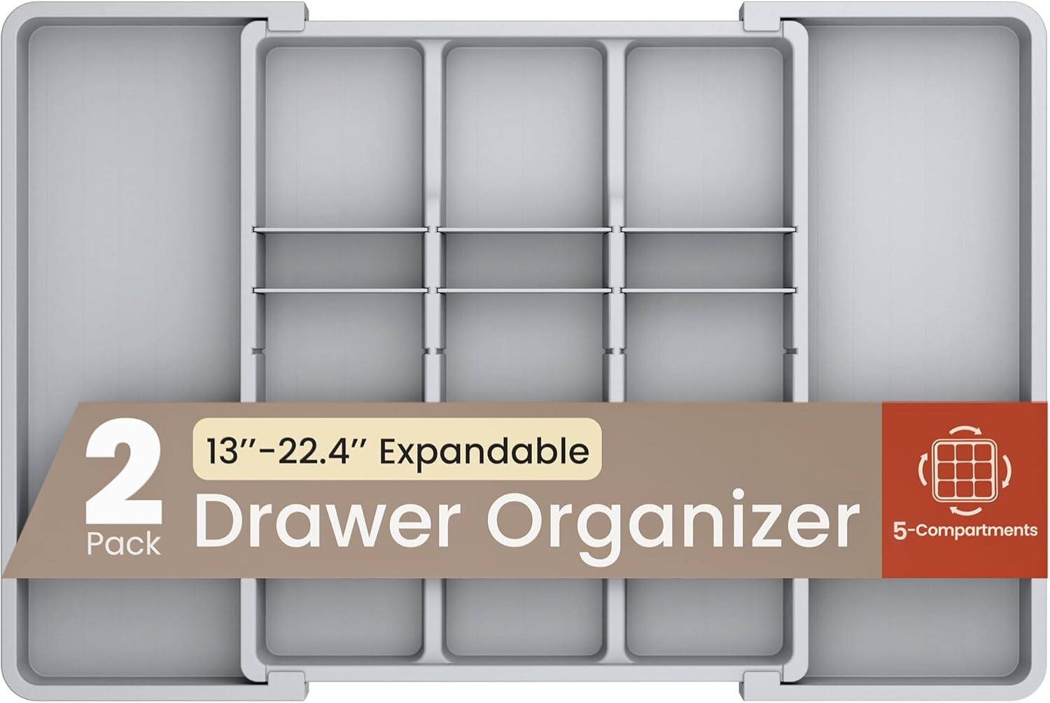 "Bakken- Swiss - Expandable Utensil Drawer Organizer 2-Pack – 5 Compartments, Adjustable 13""-22.4"", BPA-Free & Durable - Gray" price history on PriceWatchPro