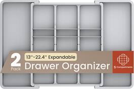 Bakken- Swiss - Expandable Utensil Drawer Organizer 2-Pack – 5 Compartments, Adjustable 13"-22.4", BPA-Free & Durable - Gray