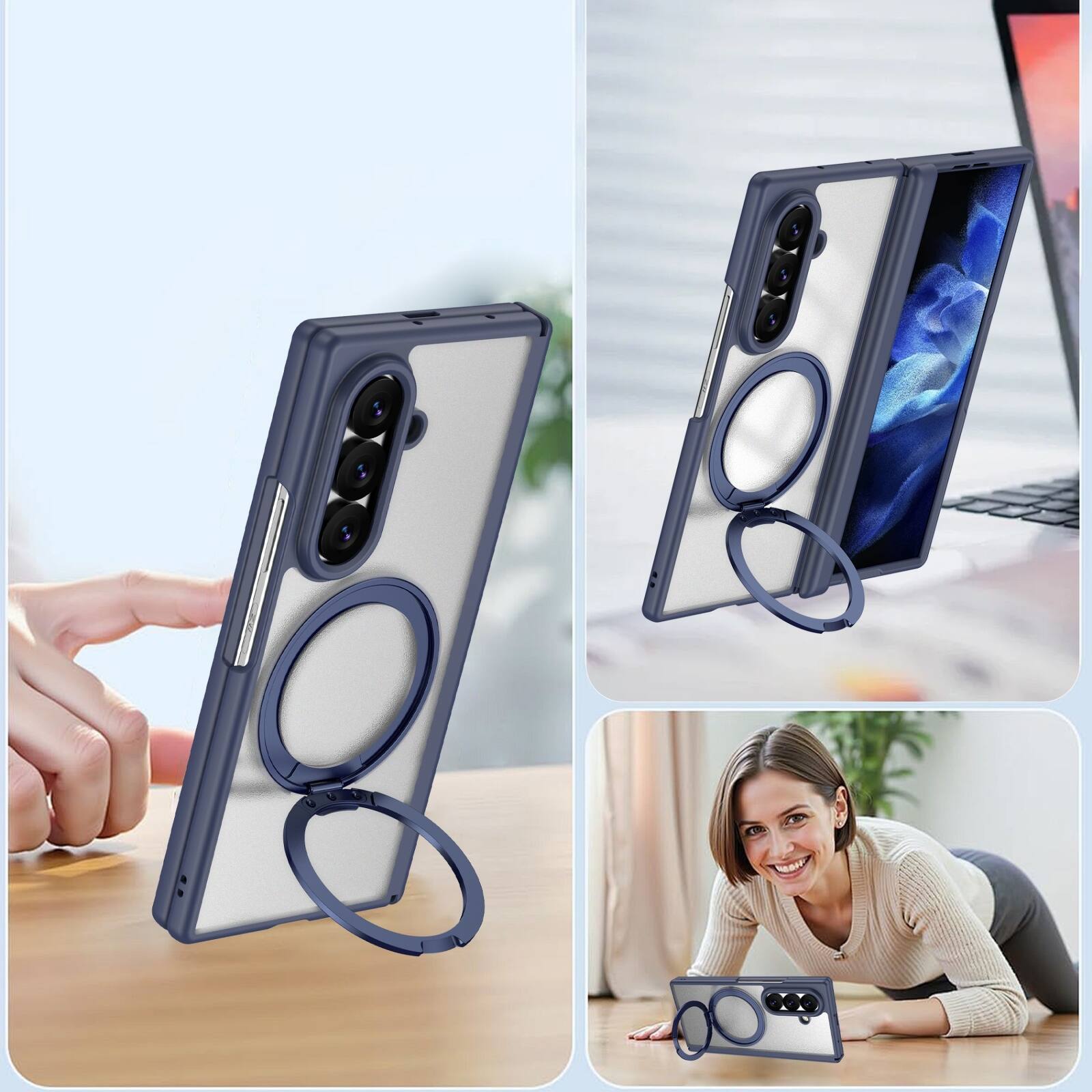 Back. Dteck - Shockproof Phone Case for Samsung Galaxy Z Fold8 Ultra with 360 Kickstand, Magnetic Matte Cover with Spine Hinge Defense - Blue.