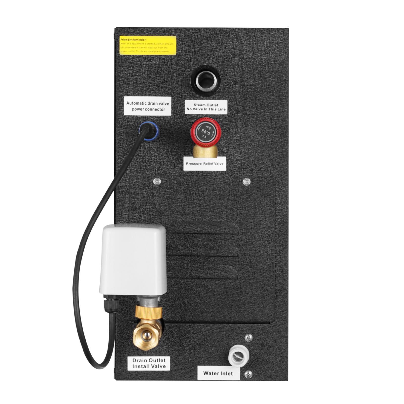 Friendly Reminder: After equipment started, a small amount of condensed water may flow out from the outlet. This is a normal phenomenon.

- Automatic drain valve power connector
- Steam Outlet No Valve in This Line
- Pressure Relief Valve
- Drain Outlet Install Valve
- Water Inlet