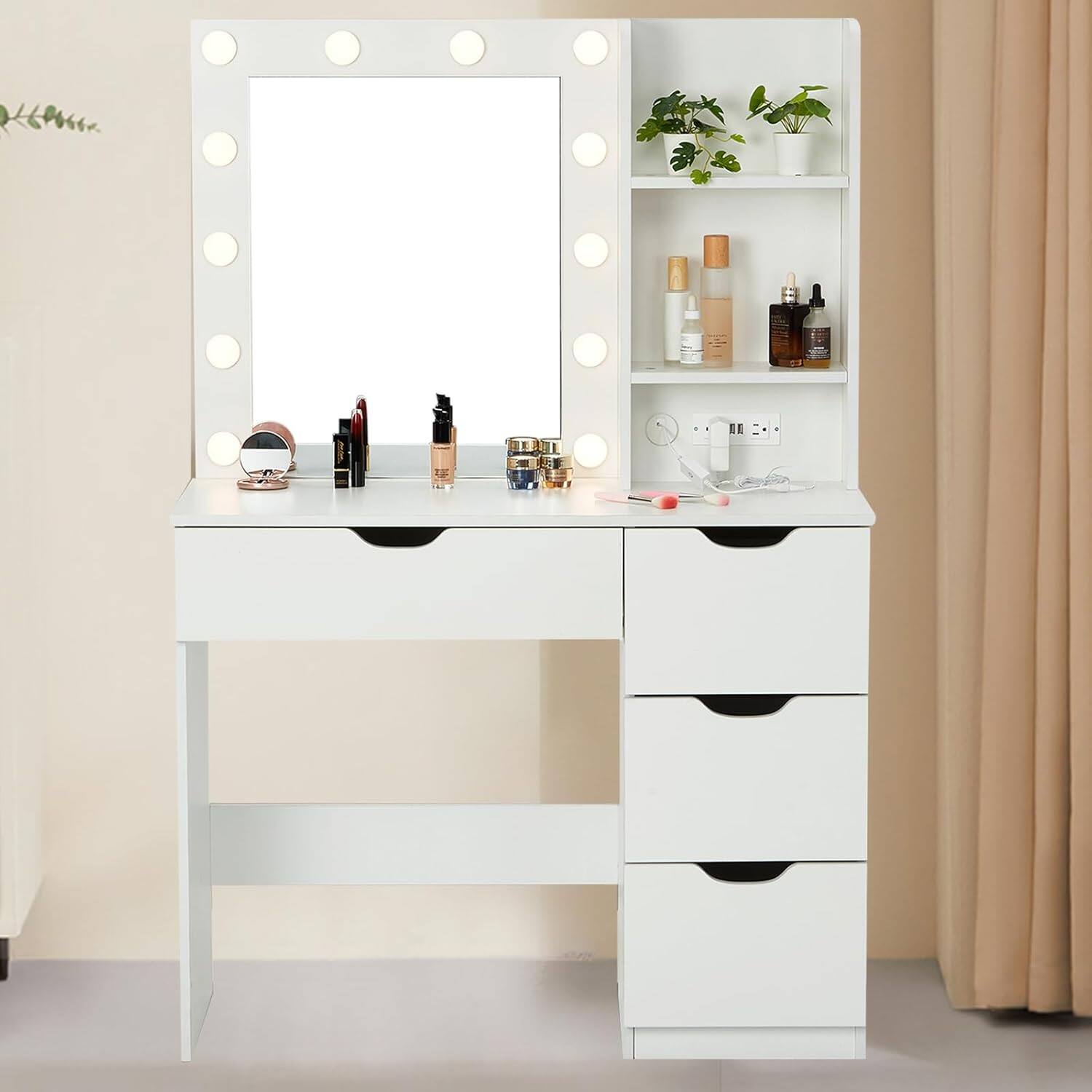 GARVEE - Makeup Vanity with Mirror,12 LED Lights with 3 Adjustable Lighting Modes and Brightness Levels, Built-in Power Outlet - White