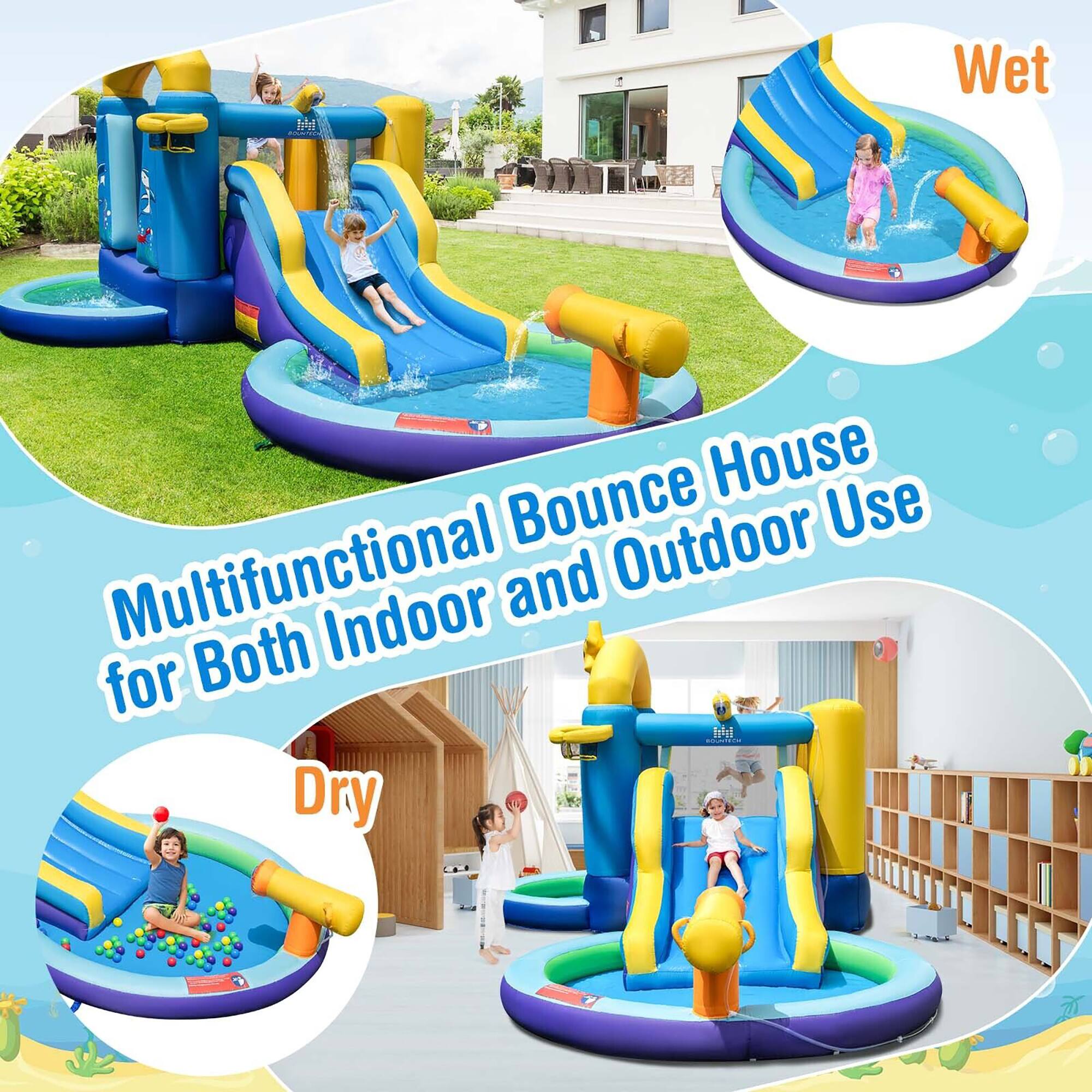 Multifunctional Bounce House for Both Indoor and Outdoor Use

Wet

Dry