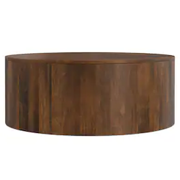 Simpli Home - Millbury SOLID MANGO WOOD 36 inch Wide Round Contemporary Drum Coffee Table, Fully Assembled - Walnut Brown
