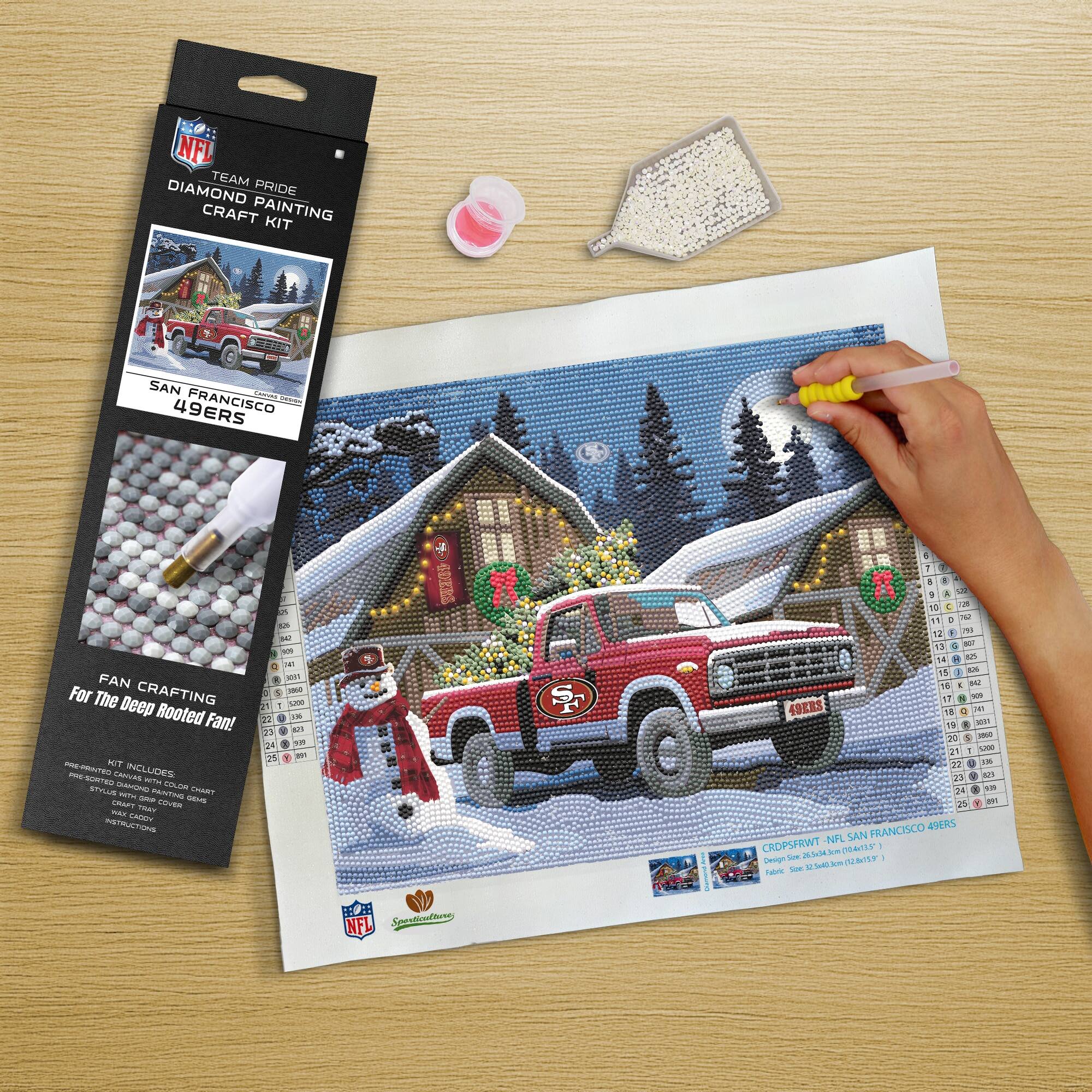 NFL TEAM PRIDE DIAMOND PAINTING KIT  
SAN FRANCISCO 49ERS  
FAN CRAFTING For The Deep Rooted Fan!  

KIT INCLUDES:  
- PREMIUM CANVAS  
- DIAMOND PAINTING STONES  
- STYLUS  
- PALETTE  
- INSTRUCTION SHEET  

CROPSFRWT - NFL SAN FRANCISCO 49ERS  
Design Size: 15.75" x 23.75" (399mm x 603mm)  
Design Size: 15.75" x 23.75" (399mm x 603mm)  
Material: Diamond Painting Stones  
Material: Diamond Painting Stones