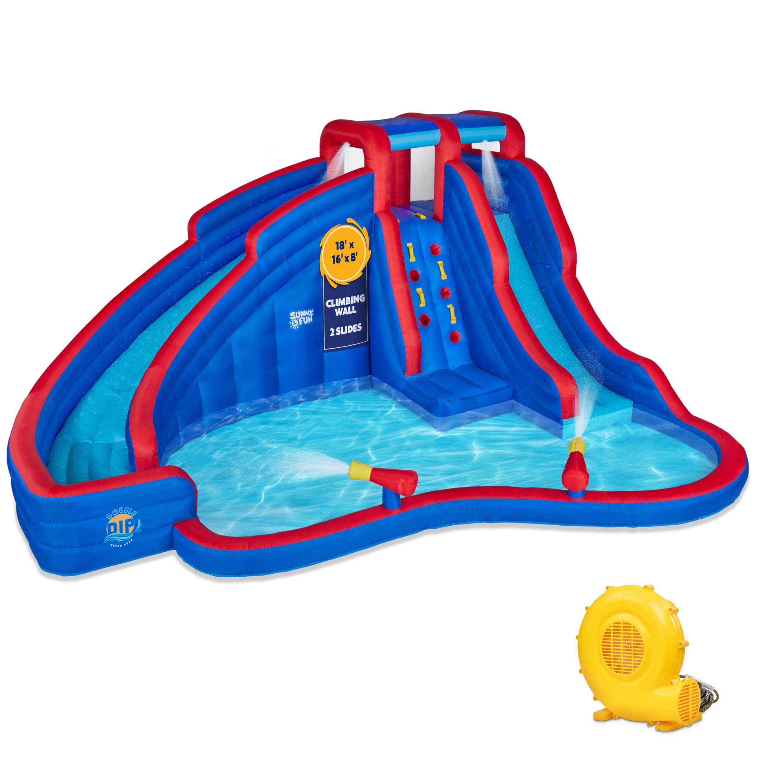 Sunny & Fun - Double Dip Inflatable Water Slide Park with Climbing Wall, 2 Slides & Splash Pool