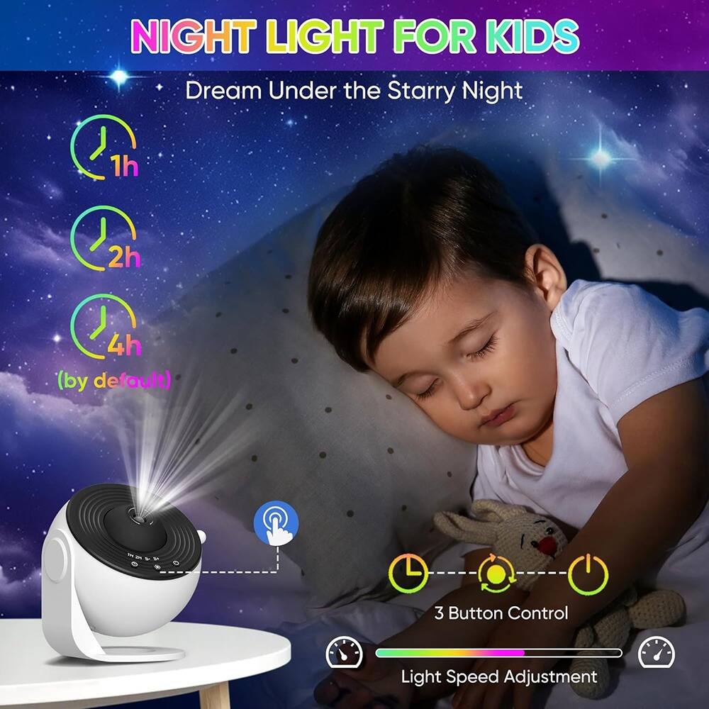 NIGHT LIGHT FOR KIDS  
Dream Under the Starry Night  

1h  
2h  
4h (by default)  

3 Button Control  
Light Speed Adjustment